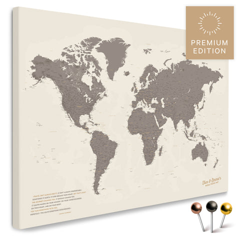 Weltkarte in Warmgray (Braun-Beige) als Pinnwand Leinwand zum Pinnen und Markieren von Reisezielen kaufen