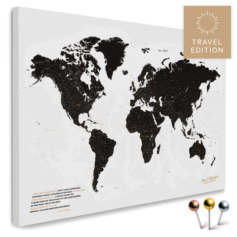 High-quality push pin world map in Light Black as a pin board, perfect for tracking and displaying your trips and travel destinations