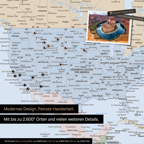 Detailreiche politische Weltkarte als Pinnwand in Multicolor Atlas zur Markierung von bis zu 2.600 Reisezielen in den USA, Kanada und Mexiko, Ideal für die visuelle Darstellung vergangener Reisen und zukünftiger Reisepläne