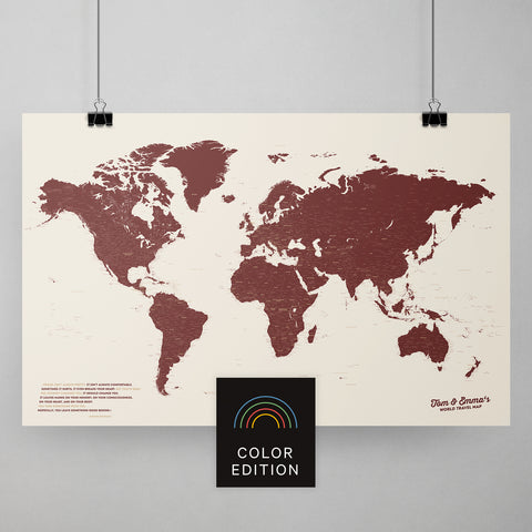Weltkarte als Poster in Bordeaux Rot zum Pinnen und Markieren von Reisezielen kaufen