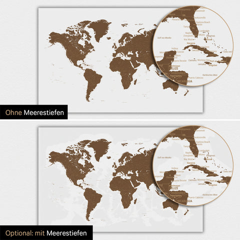 Weltkarte-Poster in Braun mit zweidimensionalen Meerestiefen