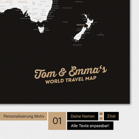 Personalized world map in black and white with your name printed on it