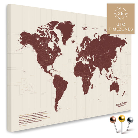 Weltkarte mit allen 38 UTC Zeitzonen in Bordeaux-Rot als Pinnwand Leinwand zum Pinnen und Markieren von Reisezielen kaufen