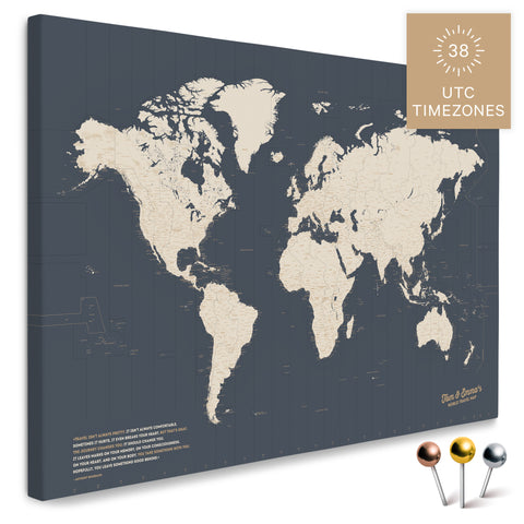 Weltkarte mit allen 38 UTC Zeitzonen in Hale Navy (Blau-Gold) als Pinnwand Leinwand zum Pinnen und Markieren von Reisezielen kaufen