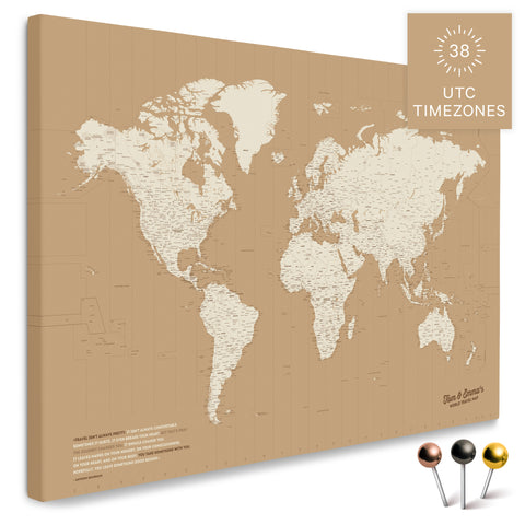 Weltkarte mit allen 38 UTC Zeitzonen in Treasure Gold als Pinnwand Leinwand zum Pinnen und Markieren von Reisezielen kaufen