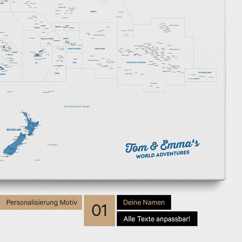 Australien-Karte Pinn-Leinwand in Farbe Blau mit personalisiertem Text