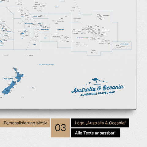 Karte von Australien und Ozeanien in Farbe Blau als Leinwand zum Pinnen mit einer optionalen Personalisierung