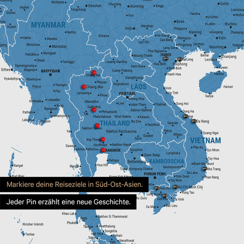 Detail einer Südost-Asien-Karte als Pinn-Leinand in Farbe Blau mit Kartenausschnitt von Thailand, Vietnam und Myanmar