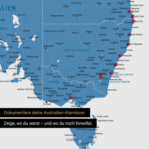 Ausschnitt einer Landkarte von Australien in Farbe Blau mit Pins zur Markierung von besuchten Reisezielen