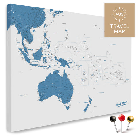 Landkarte von Australien und Ozeanien in Farbe Blau als Pinnwand Leinwand zum Pinnen und Markieren von Reisezielen