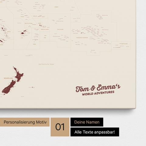 Australien-Karte Pinn-Leinwand in Farbe Bordeaux Rot mit personalisiertem Text