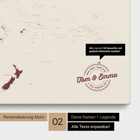 Personalisierte Australien-Karte als Pinn-Leinwand in Farbe Bordeaux Rot mit eingedruckten Namen und einer Legende zur Markierung von besuchten Orten