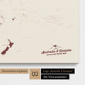 Karte von Australien und Ozeanien in Farbe Bordeaux Rot als Leinwand zum Pinnen mit einer optionalen Personalisierung
