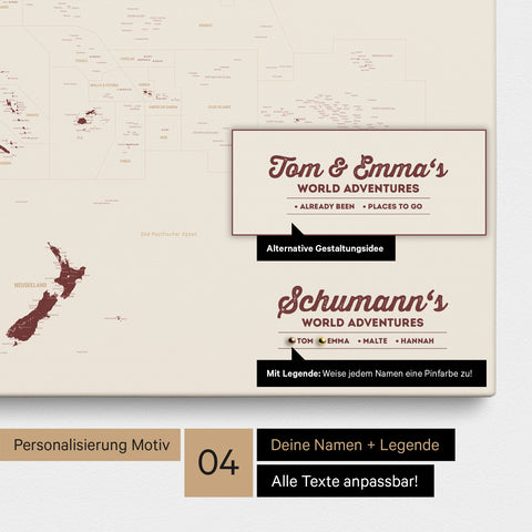 Australien-Karte als Leinwand zum Pinnen in Farbe Bordeaux Rot mit Personalisierung in Form eines Logos für Familiennamen