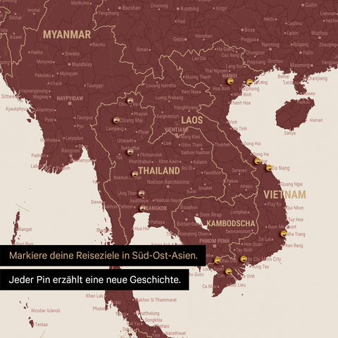 Detail einer Südost-Asien-Karte als Pinn-Leinand in Farbe Bordeaux Rot mit Kartenausschnitt von Thailand, Vietnam und Myanmar