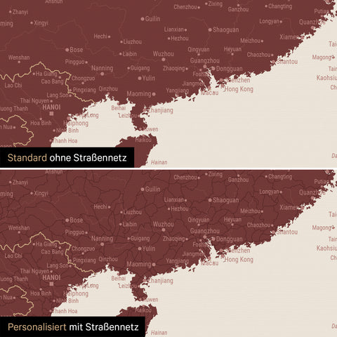 Vergleich einer Australien-Karte in Farbe Bordeaux Rot mit und ohne Straßennetz
