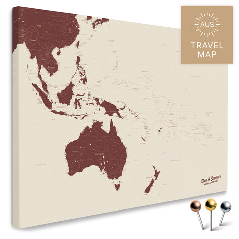 Landkarte von Australien und Ozeanien in Farbe Bordeaux Rot als Pinnwand Leinwand zum Pinnen und Markieren von Reisezielen