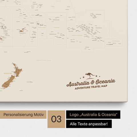 Karte von Australien und Ozeanien in Farbe Bronze als Leinwand zum Pinnen mit einer optionalen Personalisierung