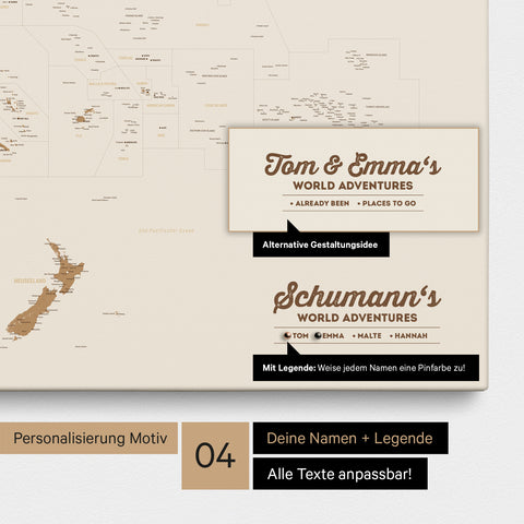 Australien-Karte als Leinwand zum Pinnen in Farbe Bronze mit Personalisierung in Form eines Logos für Familiennamen