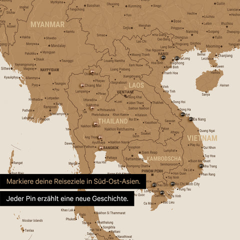 Detail einer Südost-Asien-Karte als Pinn-Leinand in Farbe Bronze mit Kartenausschnitt von Thailand, Vietnam und Myanmar