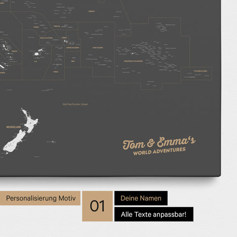 Australien-Karte Pinn-Leinwand in Farbe Dunkelgrau mit personalisiertem Text