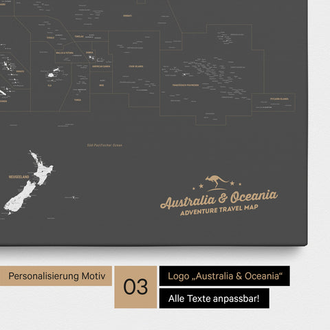 Karte von Australien und Ozeanien in Farbe Dunkelgrau als Leinwand zum Pinnen mit einer optionalen Personalisierung