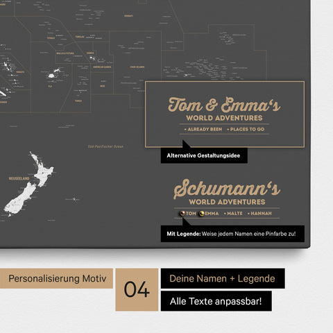 Australien-Karte als Leinwand zum Pinnen in Farbe Dunkelgrau mit Personalisierung in Form eines Logos für Familiennamen