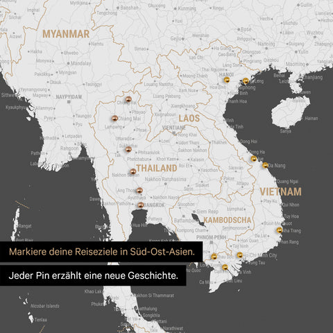 Detail einer Südost-Asien-Karte als Pinn-Leinand in Farbe Dunkelgrau mit Kartenausschnitt von Thailand, Vietnam und Myanmar
