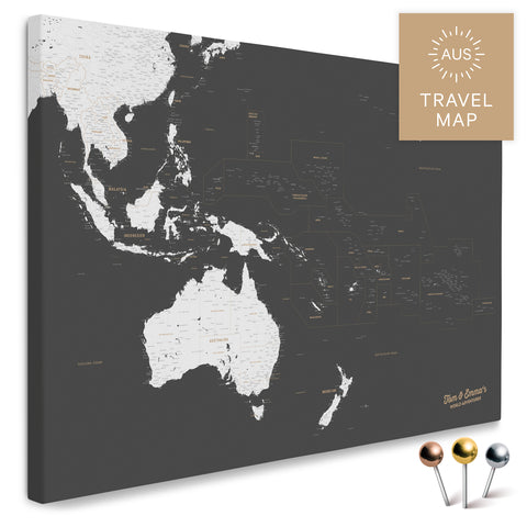Landkarte von Australien und Ozeanien in Farbe Dunkelgrau als Pinnwand Leinwand zum Pinnen und Markieren von Reisezielen