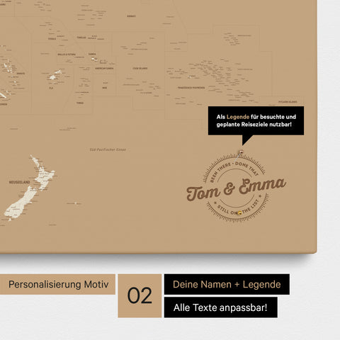 Personalisierte Australien-Karte als Pinn-Leinwand in Farbe Treasure Gold mit eingedruckten Namen und einer Legende zur Markierung von besuchten Orten