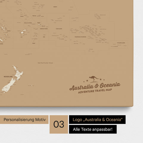 Karte von Australien und Ozeanien in Farbe Treasure Gold als Leinwand zum Pinnen mit einer optionalen Personalisierung