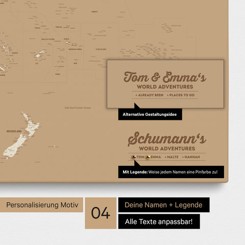 Australien-Karte als Leinwand zum Pinnen in Farbe Treasure Gold mit Personalisierung in Form eines Logos für Familiennamen