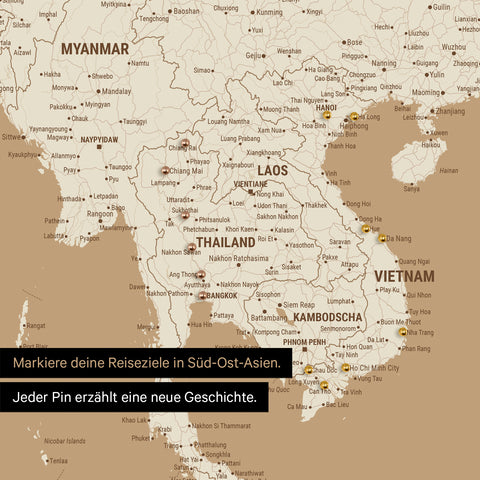 Detail einer Südost-Asien-Karte als Pinn-Leinand in Farbe Treasure Gold mit Kartenausschnitt von Thailand, Vietnam und Myanmar