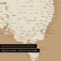 Ausschnitt einer Landkarte von Australien in Farbe Treasure Gold mit Pins zur Markierung von besuchten Reisezielen