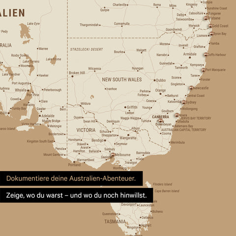 Ausschnitt einer Landkarte von Australien in Farbe Treasure Gold mit Pins zur Markierung von besuchten Reisezielen