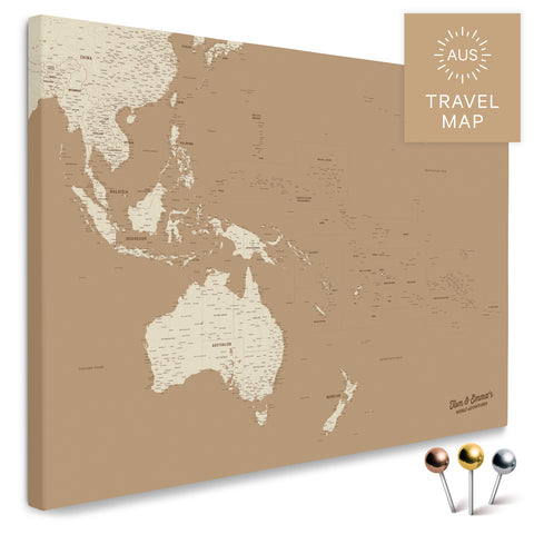 Landkarte von Australien und Ozeanien in Farbe Treasure Gold als Pinnwand Leinwand zum Pinnen und Markieren von Reisezielen