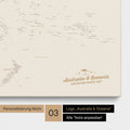 Karte von Australien und Ozeanien in Farbe Gold als Leinwand zum Pinnen mit einer optionalen Personalisierung