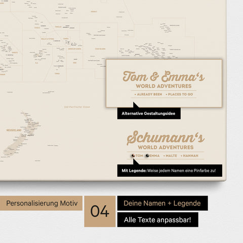 Australien-Karte als Leinwand zum Pinnen in Farbe Gold mit Personalisierung in Form eines Logos für Familiennamen