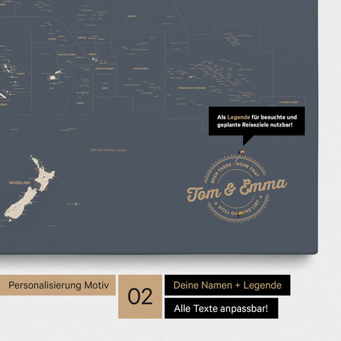 Personalisierte Australien-Karte als Pinn-Leinwand in Farbe Hale Navy (Dunkelblau Gold) mit eingedruckten Namen und einer Legende zur Markierung von besuchten Orten