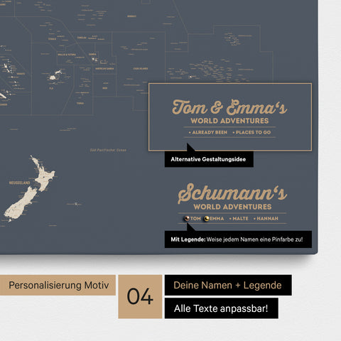 Australien-Karte als Leinwand zum Pinnen in Farbe Hale Navy (Dunkelblau Gold) mit Personalisierung in Form eines Logos für Familiennamen