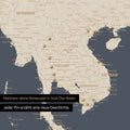 Detail einer Südost-Asien-Karte als Pinn-Leinand in Farbe Hale Navy (Dunkelblau Gold) mit Kartenausschnitt von Thailand, Vietnam und Myanmar