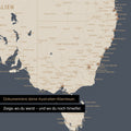 Ausschnitt einer Landkarte von Australien in Farbe Hale Navy (Dunkelblau Gold) mit Pins zur Markierung von besuchten Reisezielen
