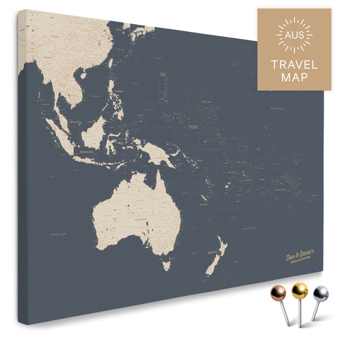 Landkarte von Australien und Ozeanien in Farbe Hale Navy (Dunkelblau Gold) als Pinnwand Leinwand zum Pinnen und Markieren von Reisezielen