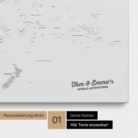 Australien-Karte Pinn-Leinwand in Farbe Hellgrau mit personalisiertem Text