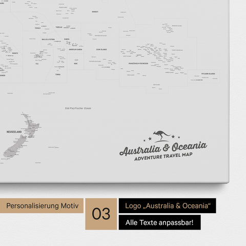 Karte von Australien und Ozeanien in Farbe Hellgrau als Leinwand zum Pinnen mit einer optionalen Personalisierung