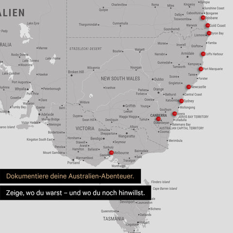 Ausschnitt einer Landkarte von Australien in Farbe Hellgrau mit Pins zur Markierung von besuchten Reisezielen