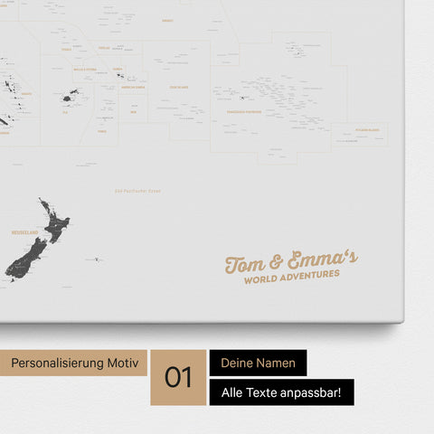Australien-Karte Pinn-Leinwand in Farbe Light Gray mit personalisiertem Text