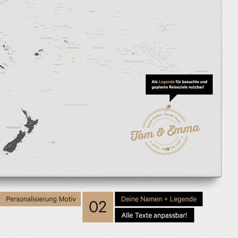 Personalisierte Australien-Karte als Pinn-Leinwand in Farbe Light Gray mit eingedruckten Namen und einer Legende zur Markierung von besuchten Orten