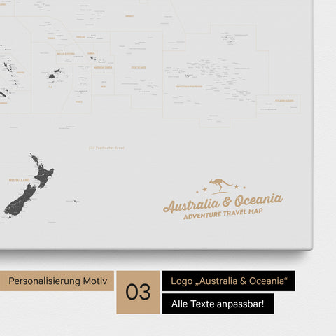 Karte von Australien und Ozeanien in Farbe Light Gray als Leinwand zum Pinnen mit einer optionalen Personalisierung