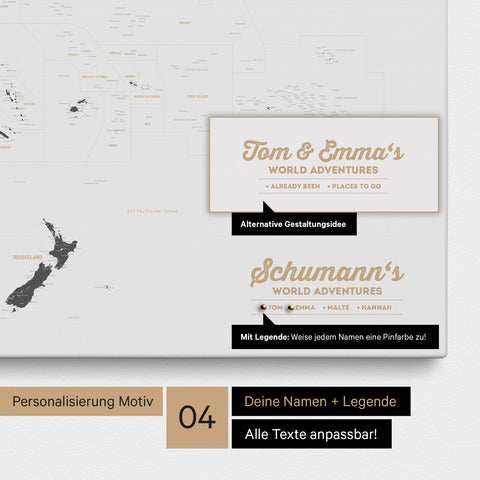 Australien-Karte als Leinwand zum Pinnen in Farbe Light Gray mit Personalisierung in Form eines Logos für Familiennamen